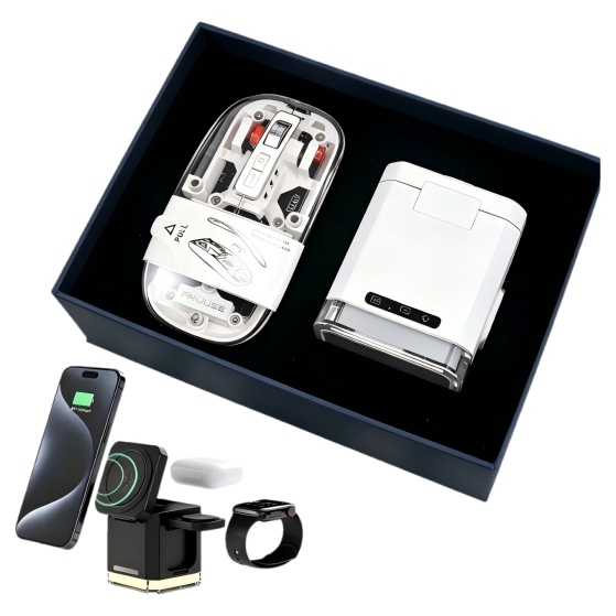 Transparent Mecha Light-up Mouse + 3in1 Desktop Wireless Charger